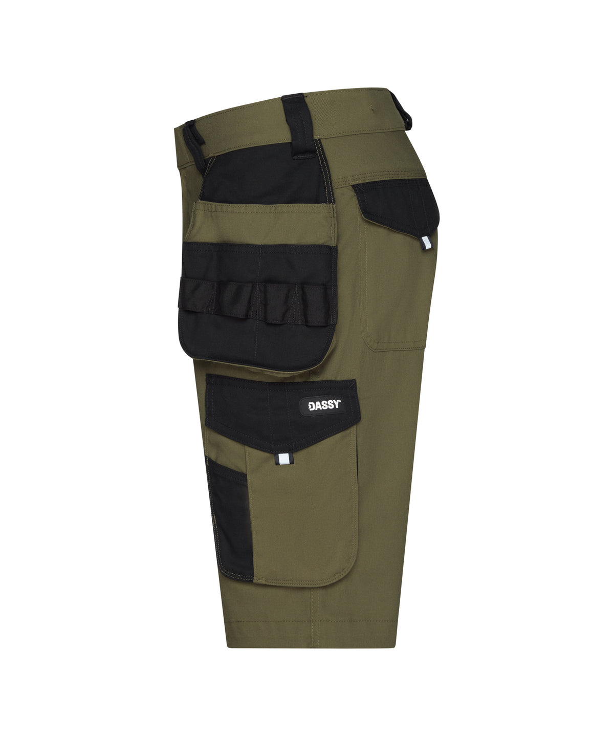 DASSY Kuma Arbeitsshorts mit Holstertaschen – Khakigrün/Schwarz – Seitenansicht